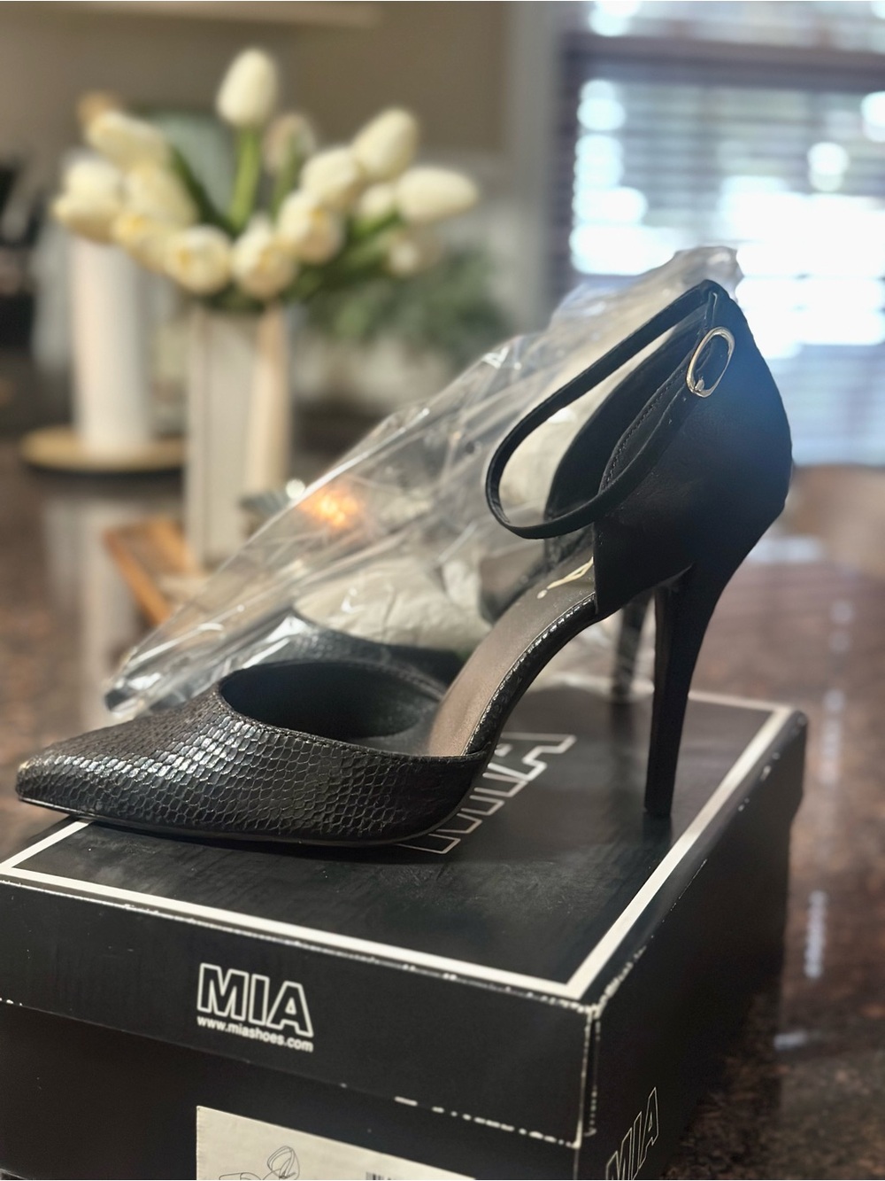 MIA Black Pointed Toe Ankle-Strap Stiletto Heels